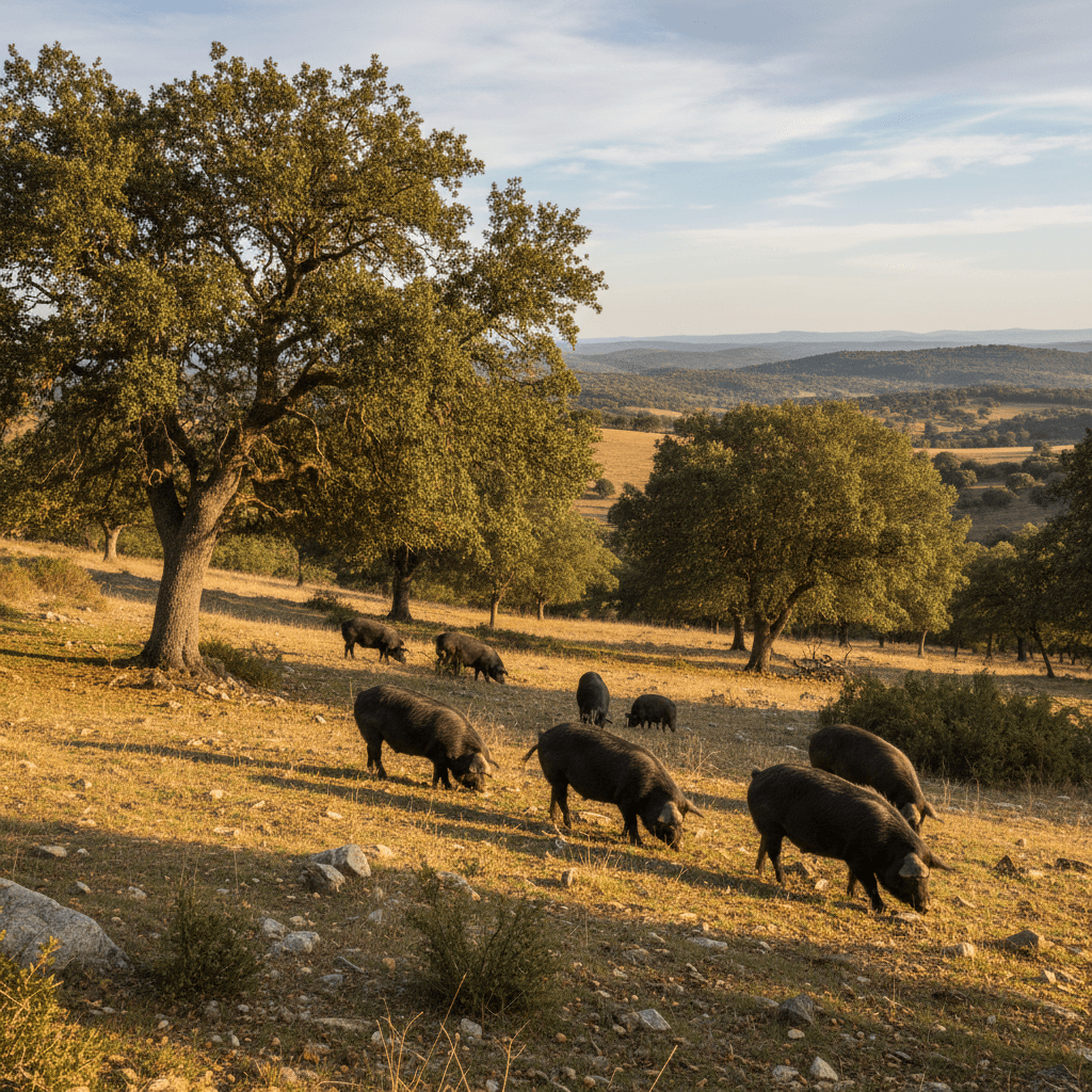 Iberico pigs in traditional Spanish landscape setting