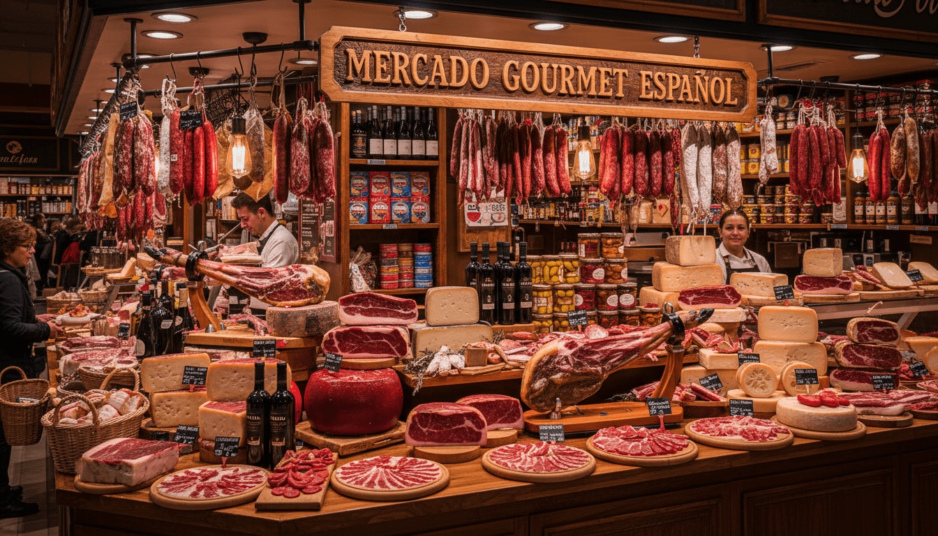 Premium Spanish gourmet products including jamón, cured meats, and specialty foods arranged on rustic wooden surface