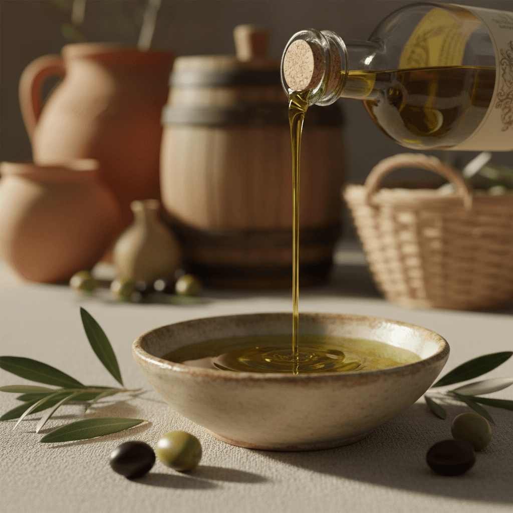 Golden olive oil pouring into ceramic dish surrounded by fresh olive leaves and whole olives