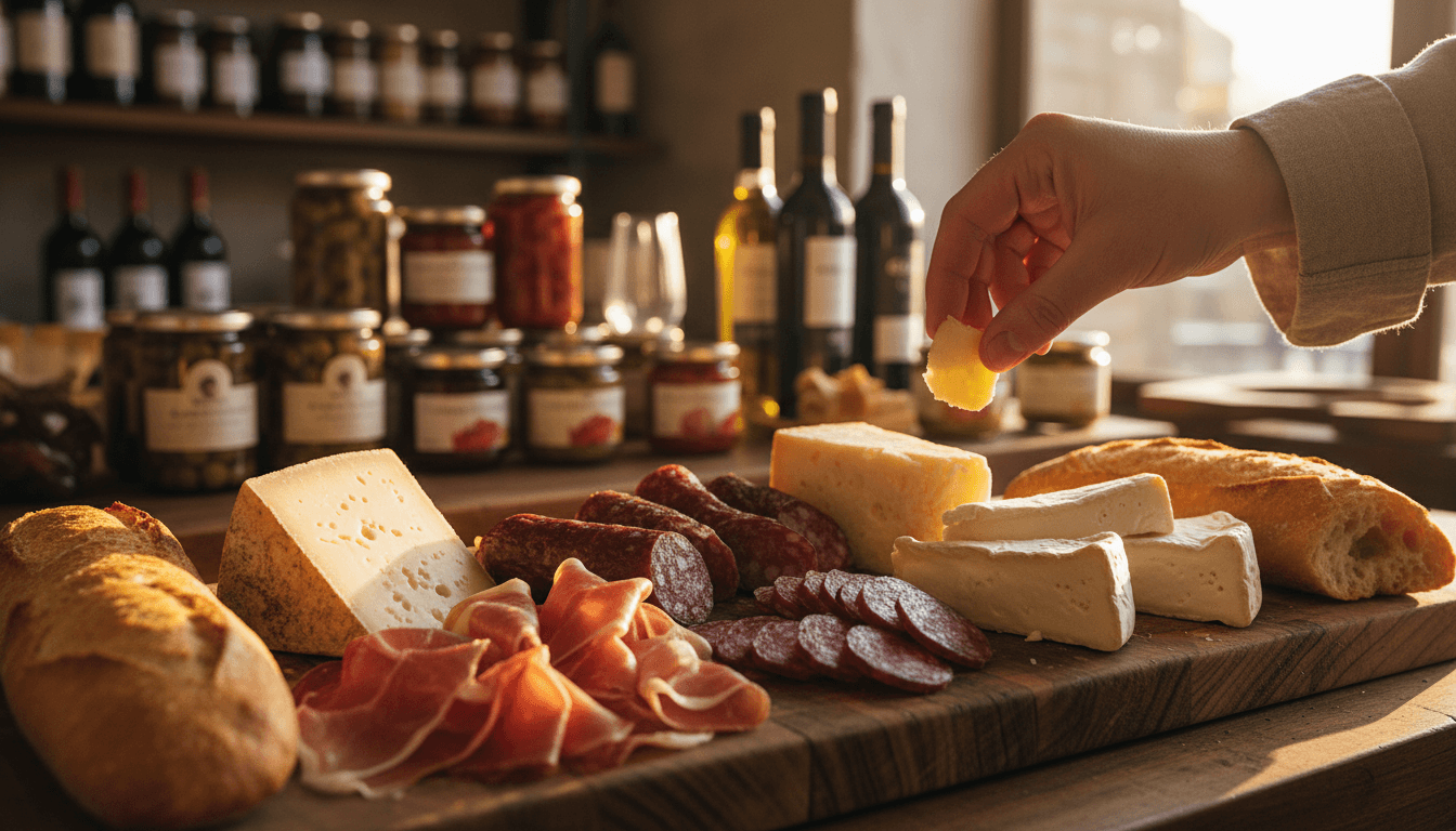 Premium Spanish gourmet products on a rustic wooden surface with natural warm lighting