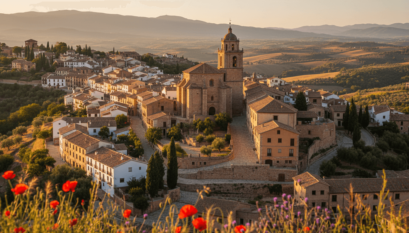 Spanish landscape with rolling hills and traditional stone architecture