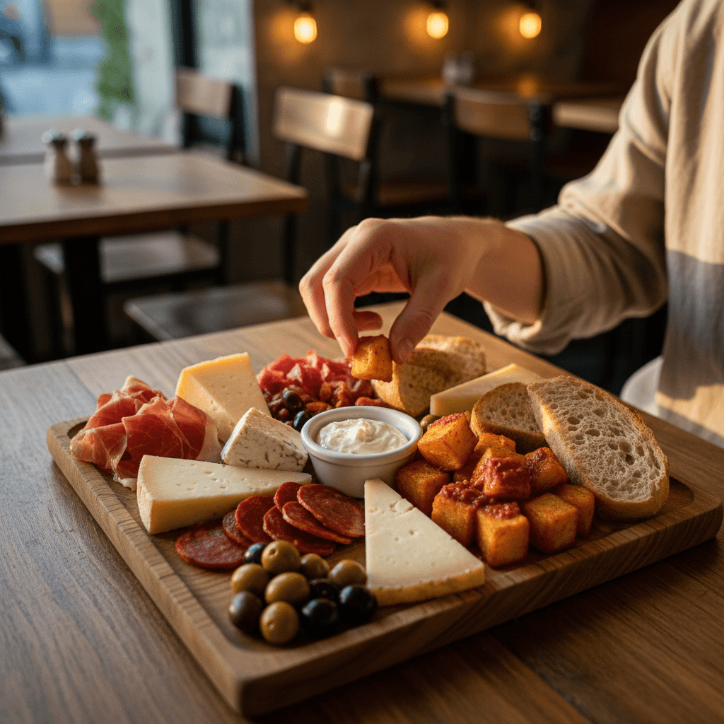 Curated selection of premium Spanish gourmet products including jamón, cheeses, and olives displayed on wooden table