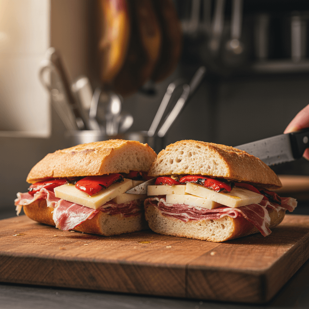 Premium Spanish gourmet products including jamón and cured meats displayed on a wooden surface