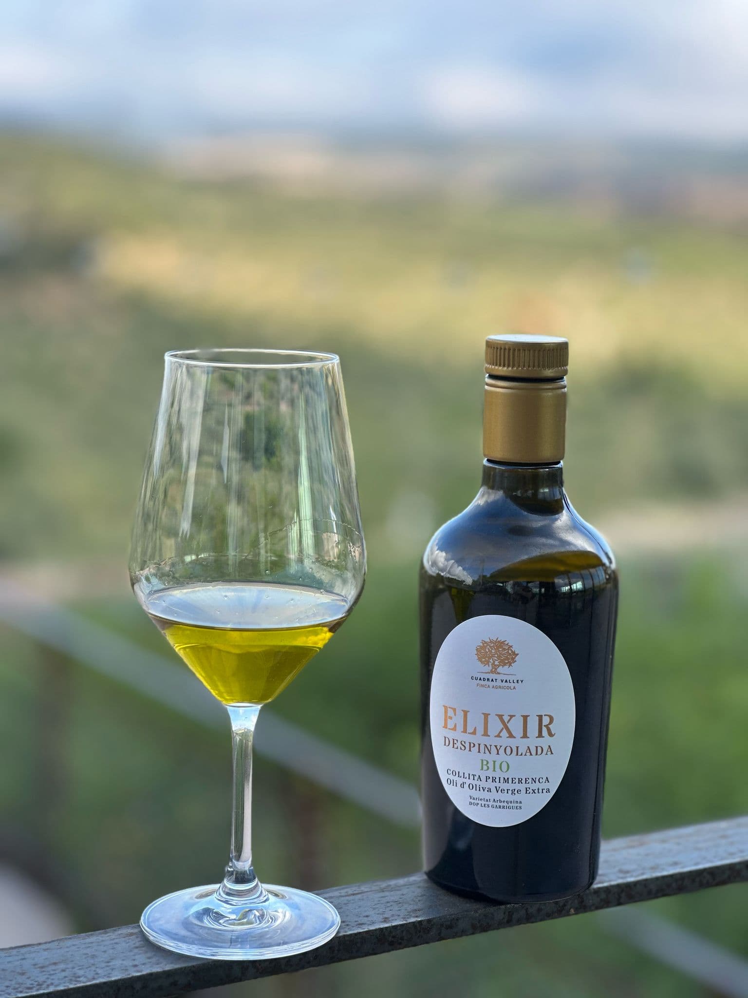 Bottle of Elixir olive oil and a wine glass filled with golden oil outdoors.